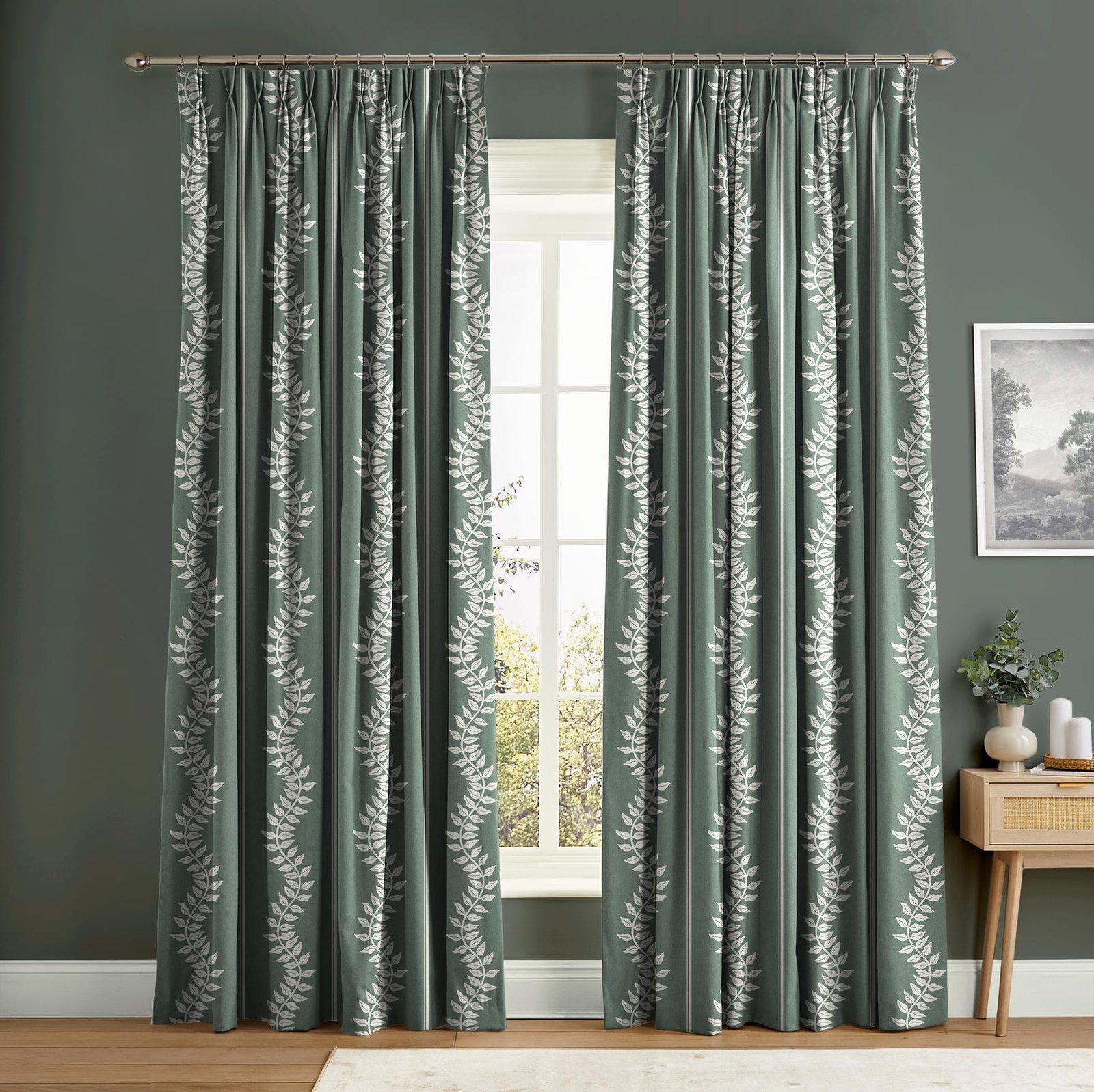 Laurel Leaf Stripe Grey Green Curtain
